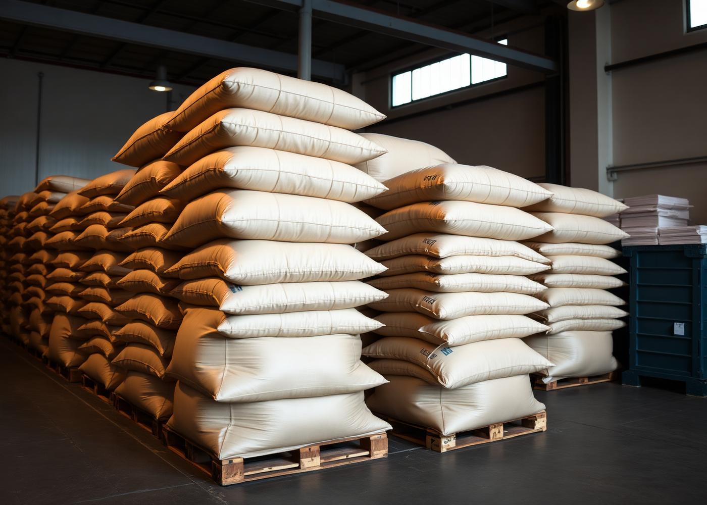 Palletised food-grade ingredient sacks stacked in a clean commercial warehouse