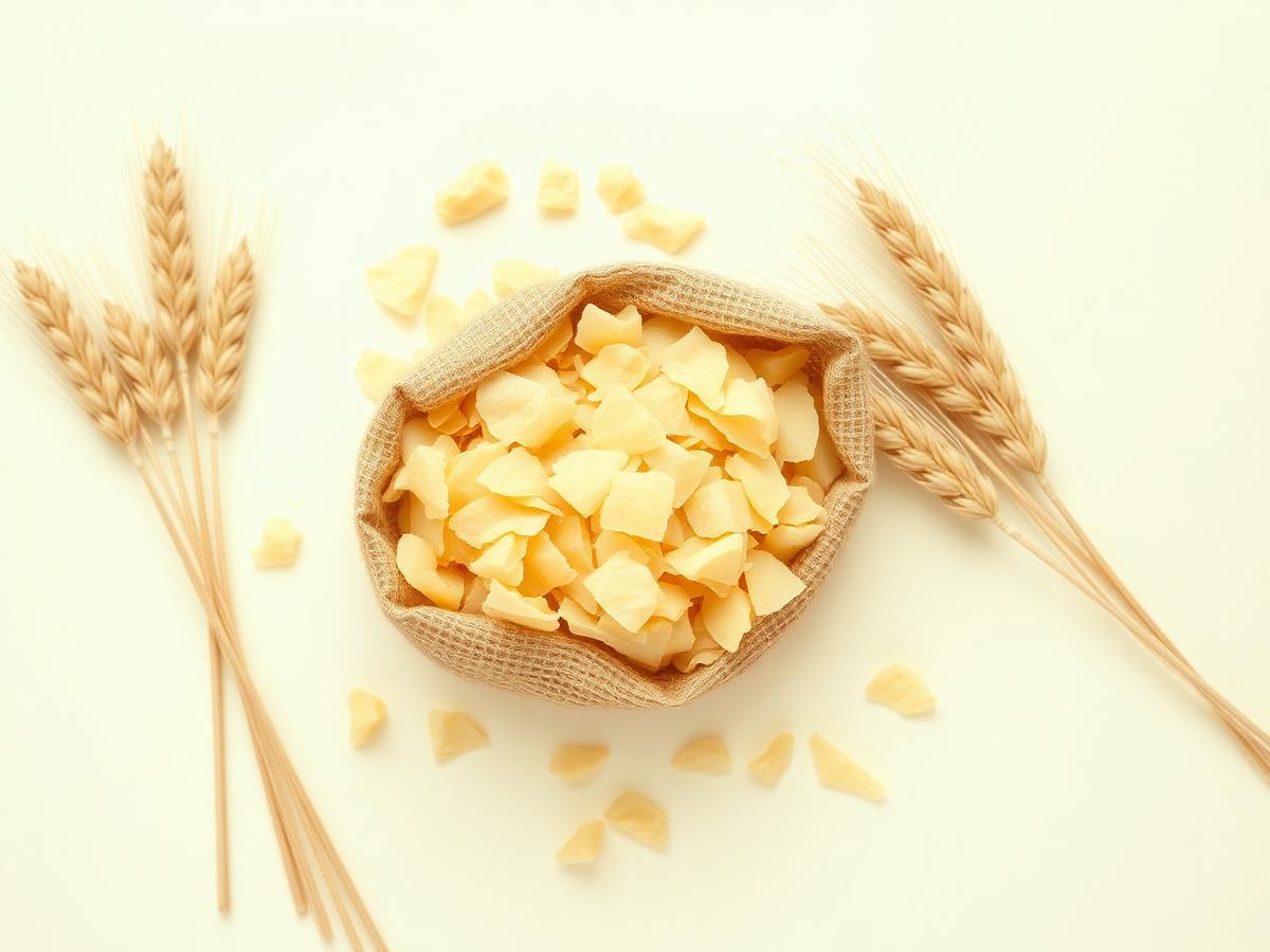 Dehydrated potato flakes in a burlap pouch beside golden wheat heads