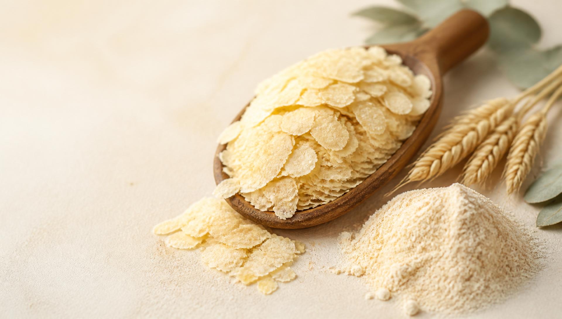 A wooden scoop of dehydrated potato flakes beside wheat heads and a small mound of vital wheat gluten powder